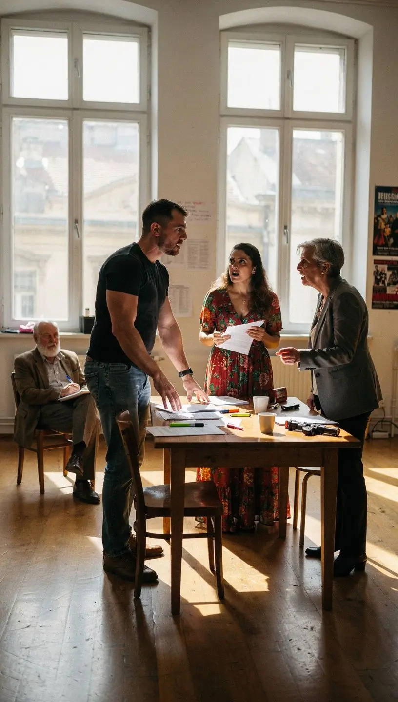 Két színész közötti intenzív párbeszéd jelenete a próbateremben.