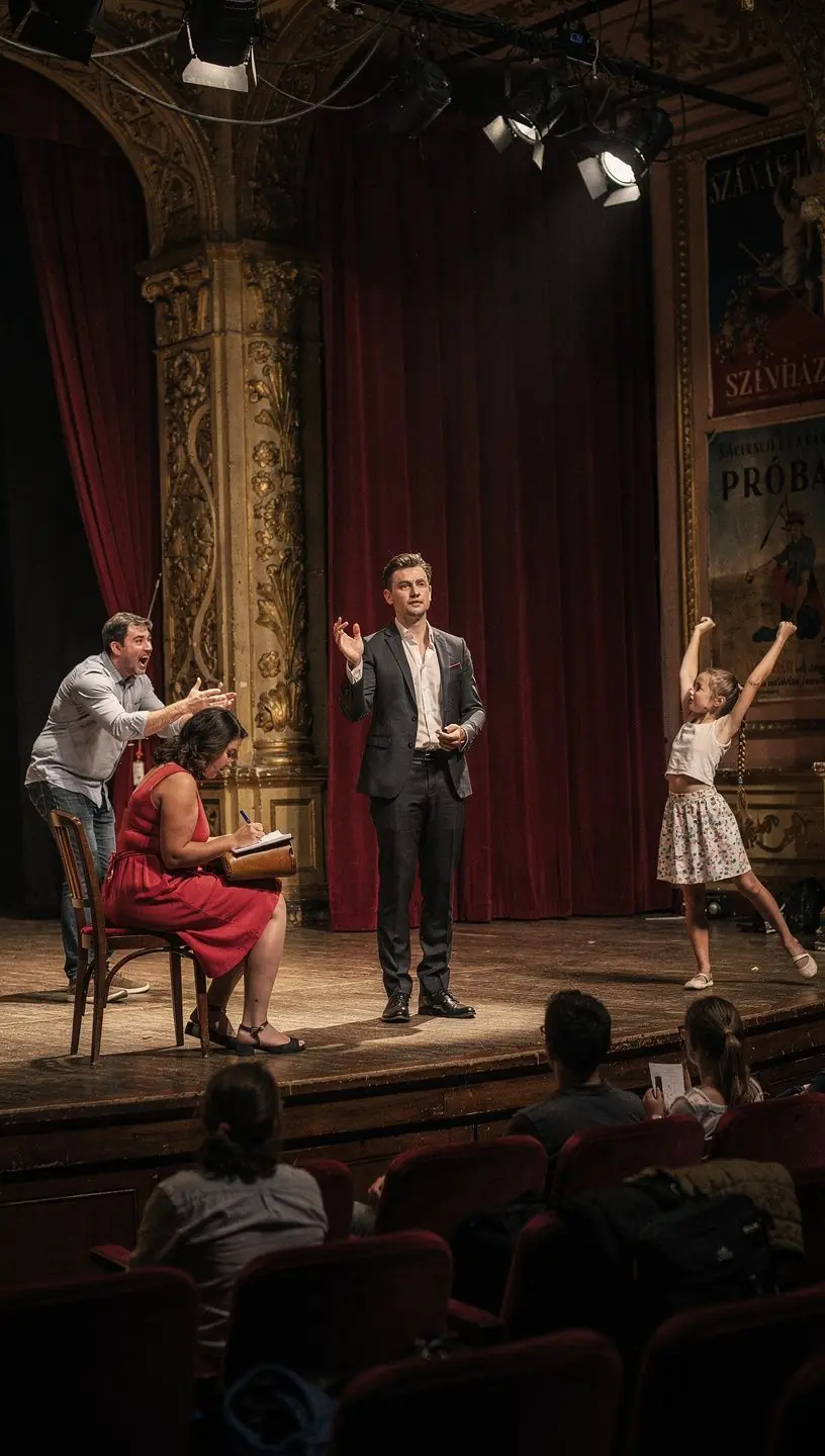 Színészi gyakorlat során egy diák érzelemkifejezése a színpadon.