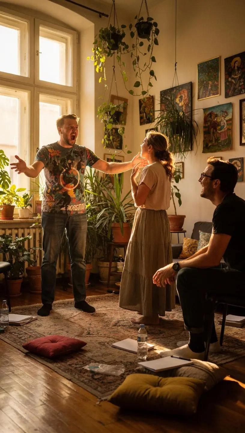 Online színjátszó tanfolyam során résztvevők karakterelemzést végeznek.