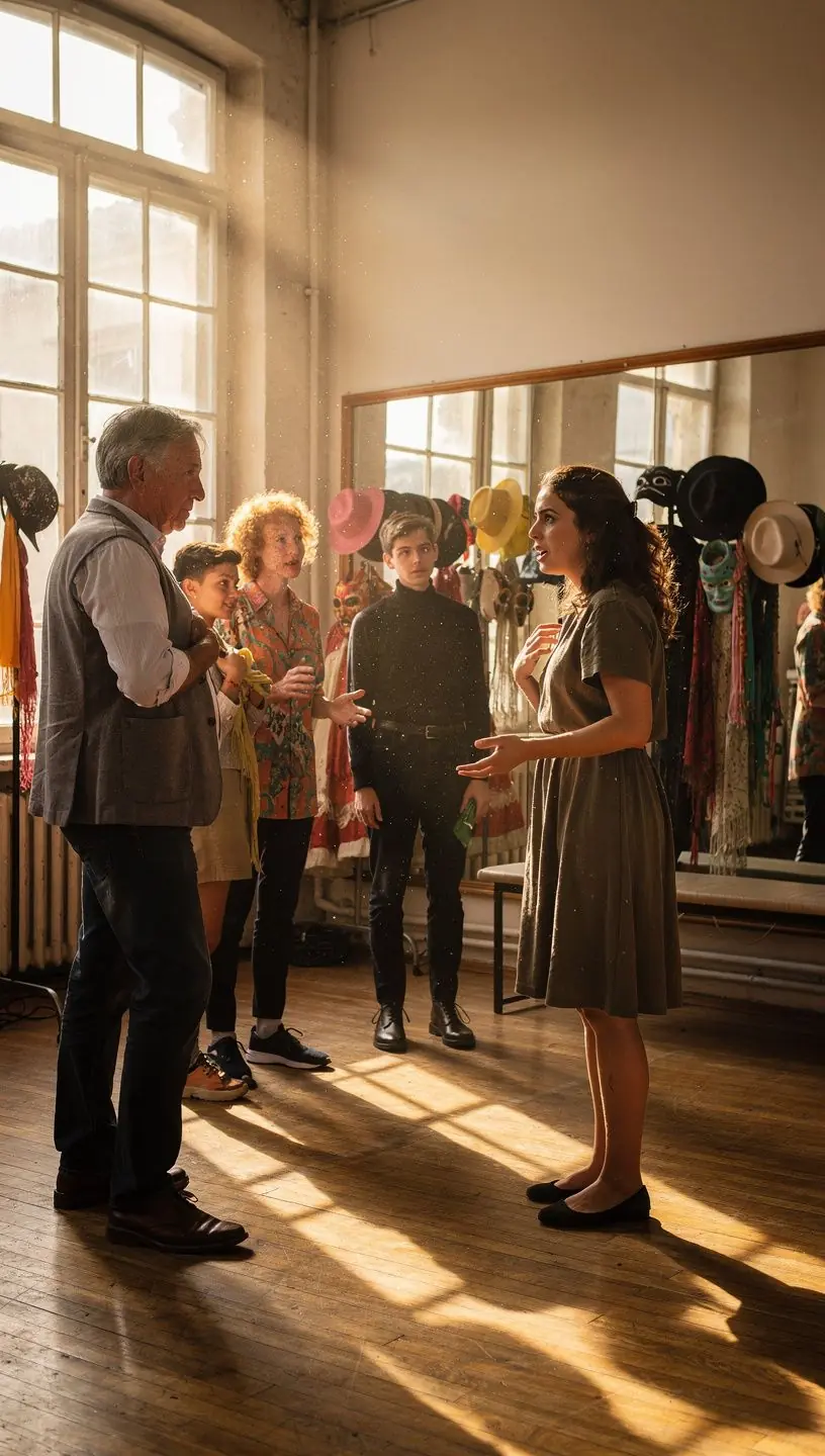 Színészeti gyakorlatot bemutató diákok, akik egy jelenetet próbálnak.